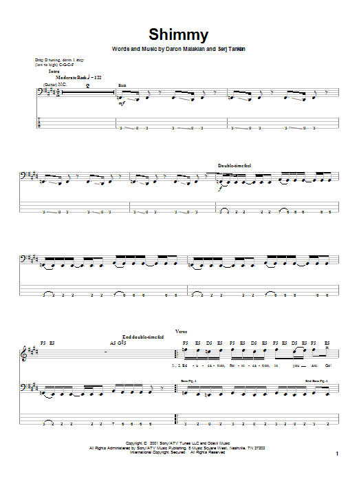 System Of A Down Shimmy sheet music notes and chords arranged for Drums Transcription