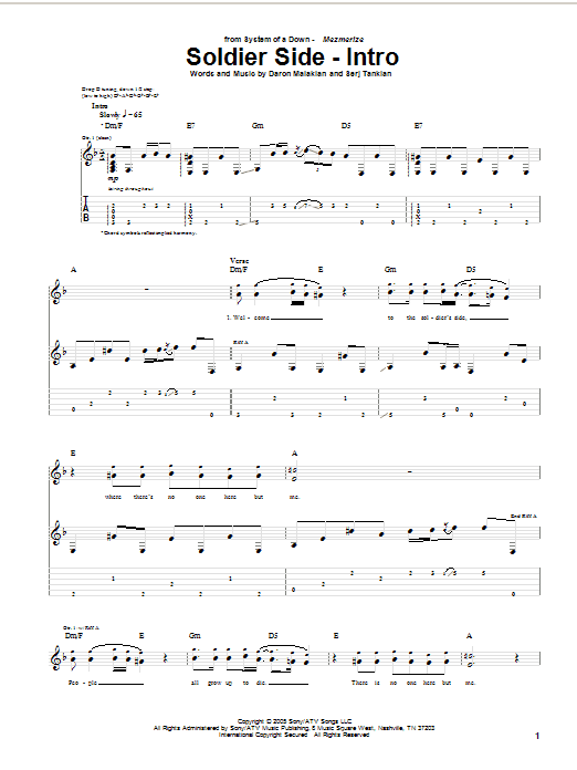 System Of A Down Soldier Side (Intro) sheet music notes and chords arranged for Guitar Tab