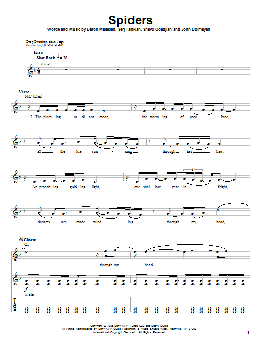 System Of A Down Spiders sheet music notes and chords arranged for Guitar Tab