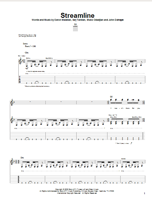 System Of A Down Streamline sheet music notes and chords arranged for Guitar Tab