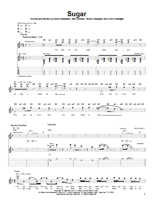 System Of A Down Sugar sheet music notes and chords arranged for Guitar Tab (Single Guitar)