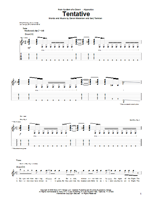 System Of A Down Tentative sheet music notes and chords arranged for Guitar Tab