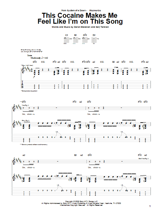 System Of A Down This Cocaine Makes Me Feel Like I'm On This Song sheet music notes and chords arranged for Guitar Tab