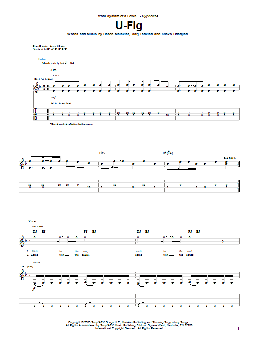 System Of A Down U-Fig sheet music notes and chords arranged for Guitar Tab