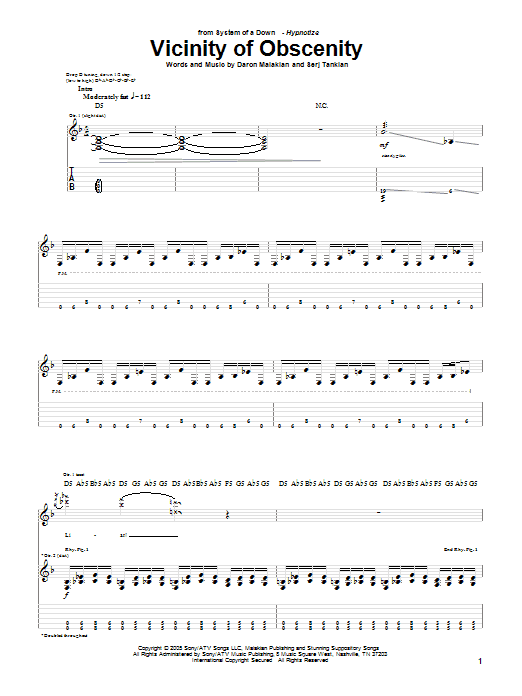 System Of A Down Vicinity Of Obscenity sheet music notes and chords arranged for Guitar Tab