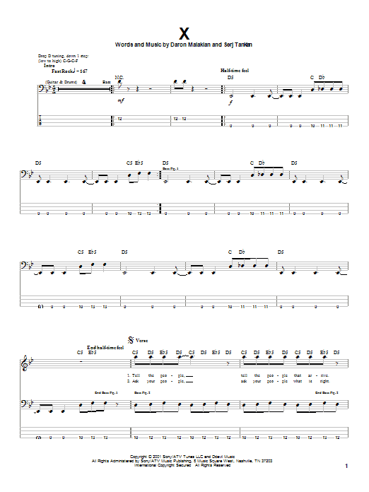 System Of A Down X sheet music notes and chords arranged for Bass Guitar Tab