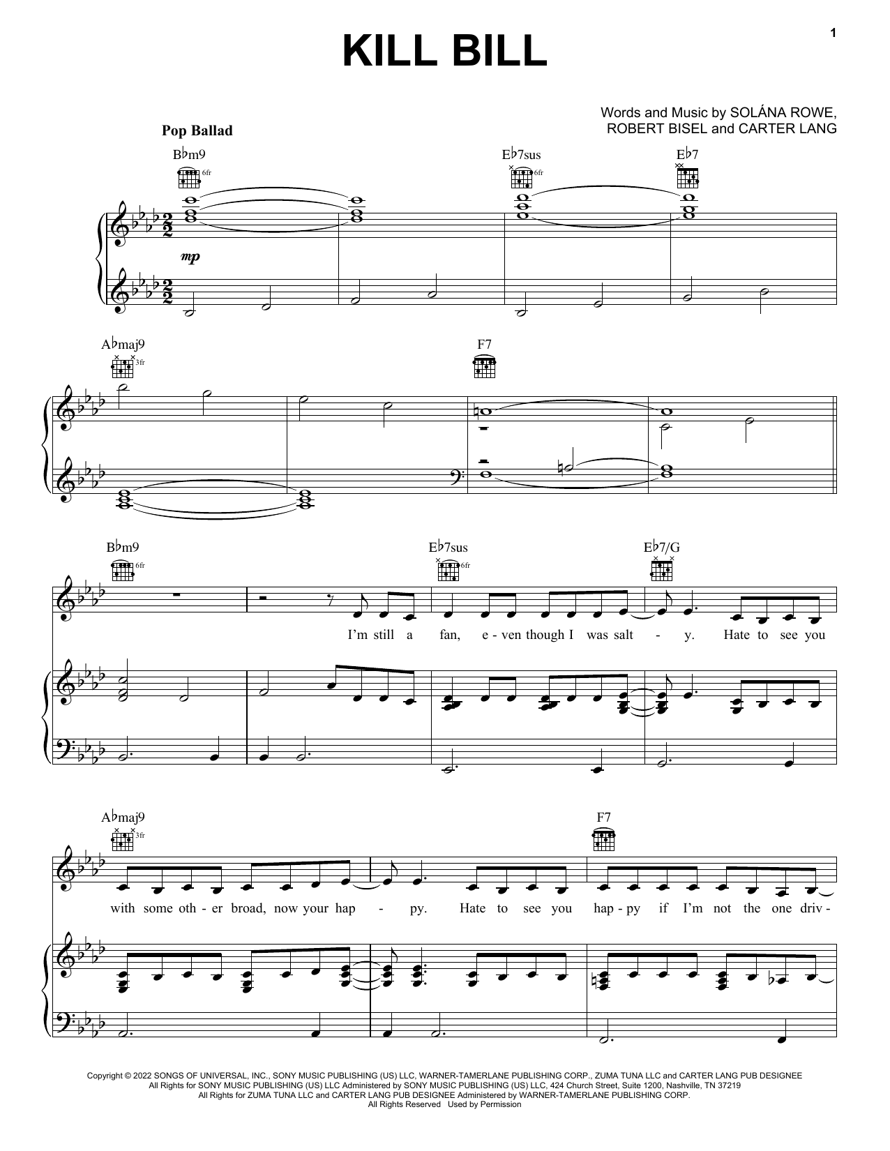 SZA Kill Bill sheet music notes and chords arranged for Piano, Vocal & Guitar Chords (Right-Hand Melody)