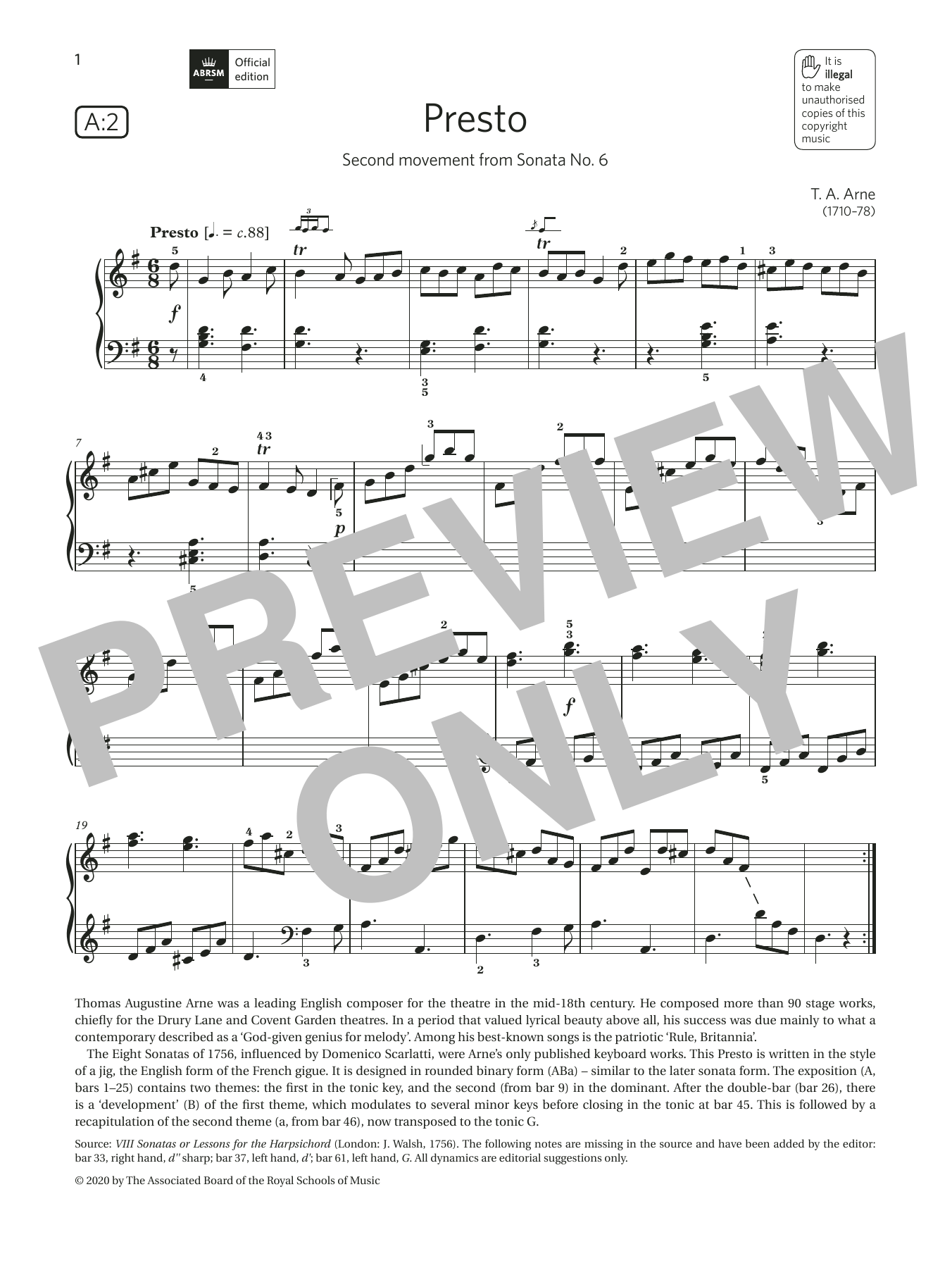 T. A. Arne Presto (Grade 5, list A2, from the ABRSM Piano Syllabus 2021 & 2022) sheet music notes and chords arranged for Piano Solo