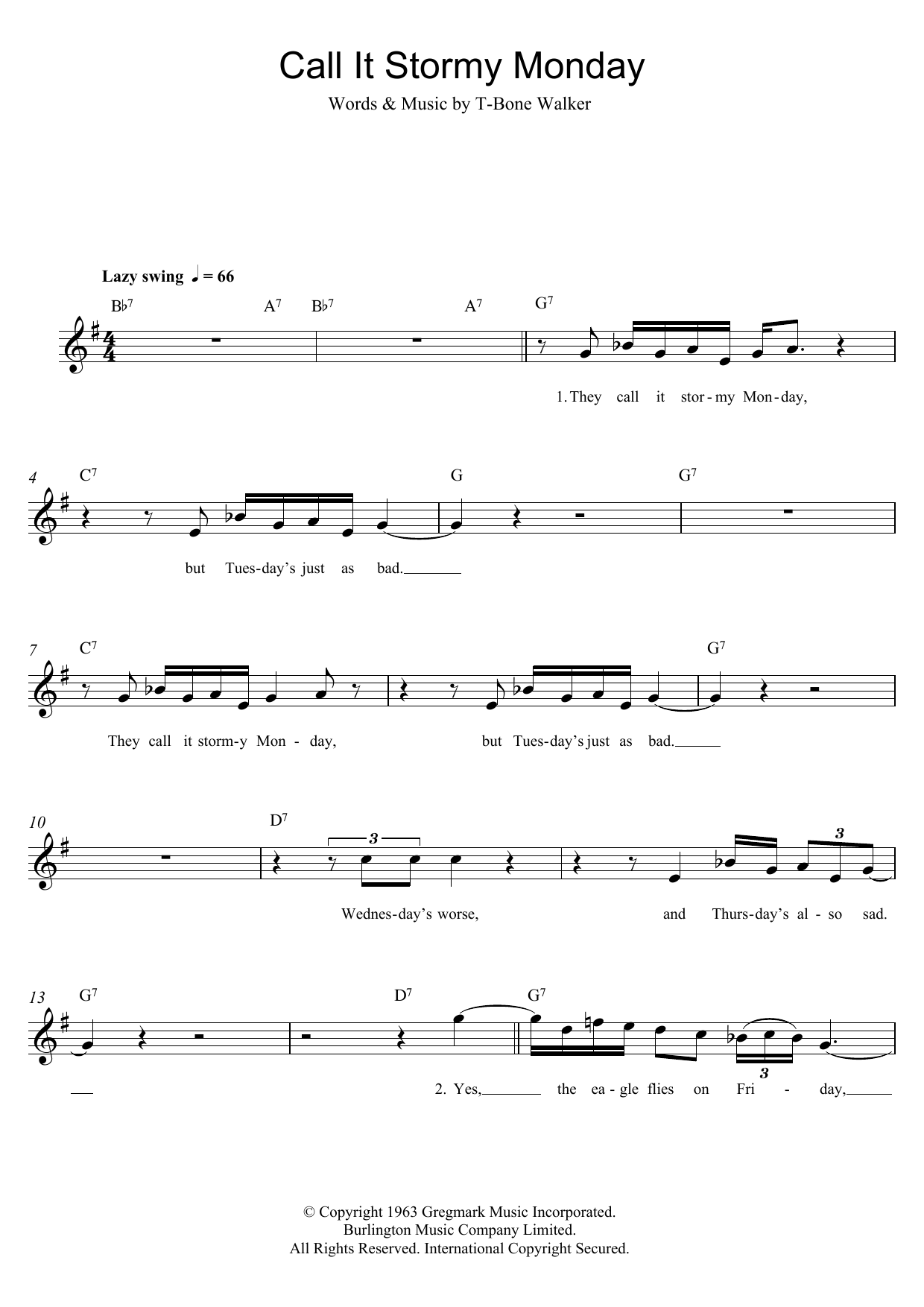 T-Bone Walker Call It Stormy Monday (But Tuesday Is Just As Bad) sheet music notes and chords arranged for Flute Solo