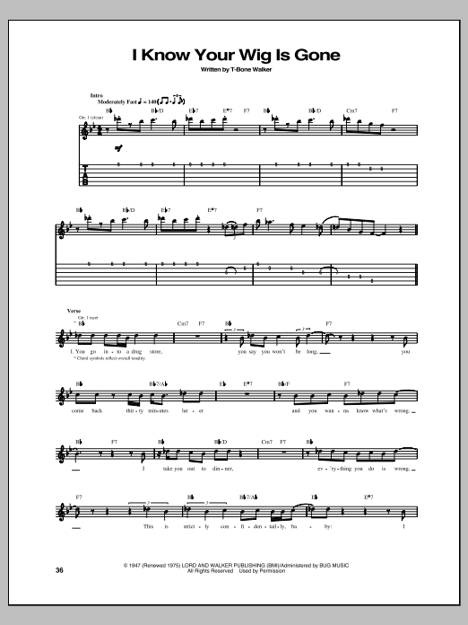 T-Bone Walker I Know Your Wig Is Gone sheet music notes and chords arranged for Guitar Tab
