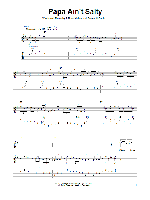 T-Bone Walker Papa Ain't Salty sheet music notes and chords arranged for Guitar Tab (Single Guitar)