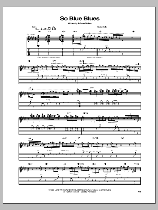 T-Bone Walker So Blue Blues sheet music notes and chords arranged for Guitar Tab