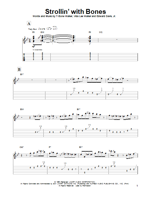 T-Bone Walker Strollin' With Bones sheet music notes and chords arranged for Guitar Tab