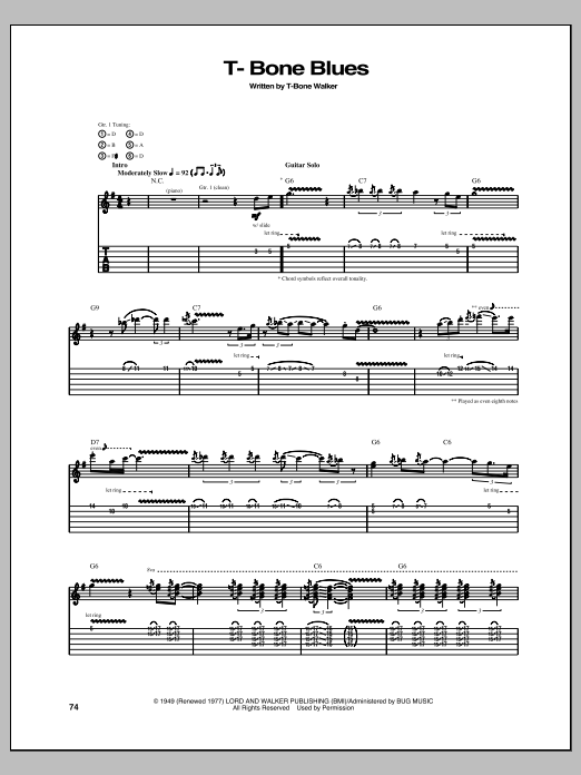 T-Bone Walker T-Bone Blues sheet music notes and chords arranged for Guitar Tab