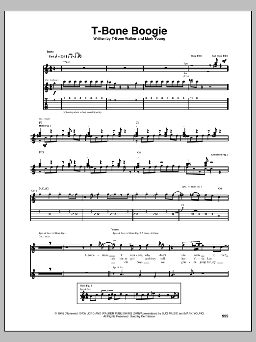 T-Bone Walker T-Bone Boogie sheet music notes and chords arranged for Guitar Tab