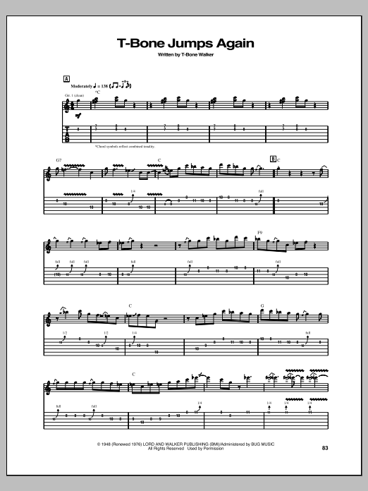 T-Bone Walker T-Bone Jumps Again sheet music notes and chords arranged for Guitar Tab (Single Guitar)