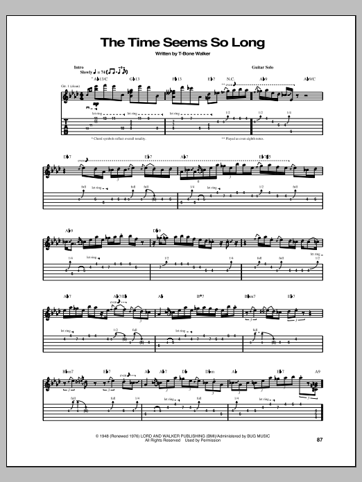 T-Bone Walker The Time Seems So Long sheet music notes and chords arranged for Guitar Tab