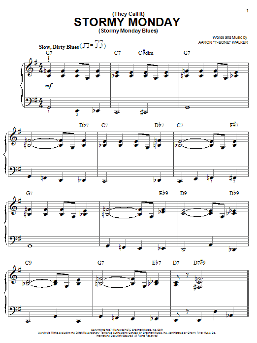 T-Bone Walker (They Call It) Stormy Monday (Stormy Monday Blues) sheet music notes and chords arranged for Guitar Chords/Lyrics