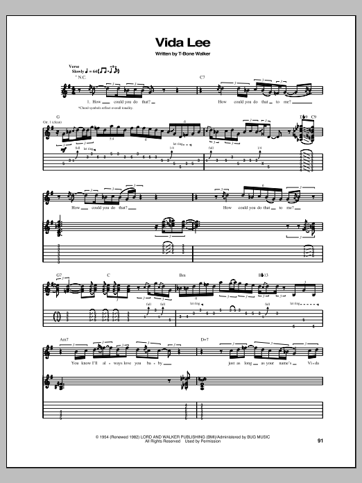 T-Bone Walker Vida Lee sheet music notes and chords arranged for Guitar Tab