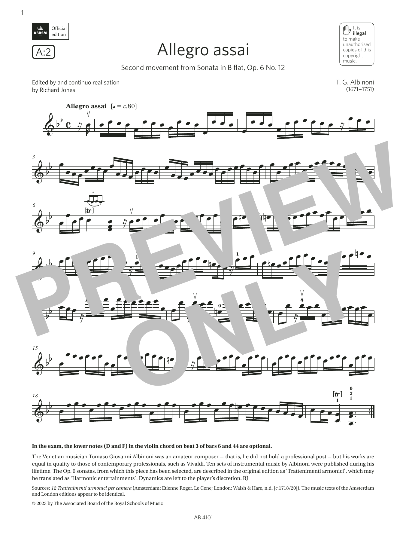 T. G. Albinoni Allegro assai (Grade 7, A2, from the ABRSM Violin Syllabus from 2024) sheet music notes and chords arranged for Violin Solo