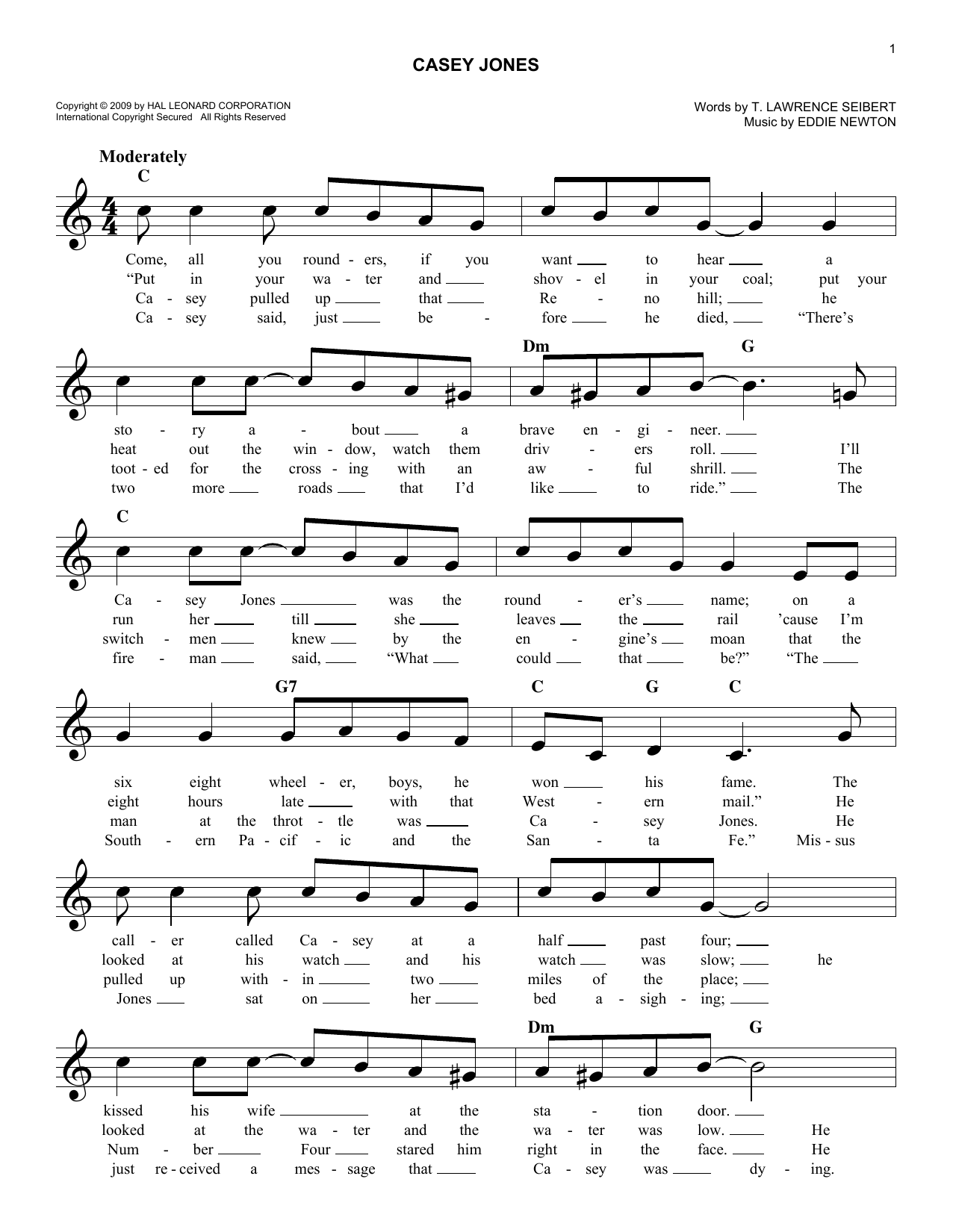 T. Lawrence Seibert Casey Jones sheet music notes and chords arranged for Easy Lead Sheet / Fake Book