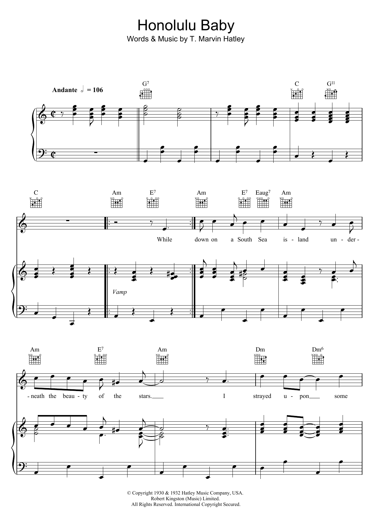 T. Marvin Hatley Honolulu Baby sheet music notes and chords arranged for Piano, Vocal & Guitar Chords