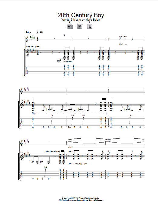 T. Rex 20th Century Boy sheet music notes and chords arranged for Piano, Vocal & Guitar Chords