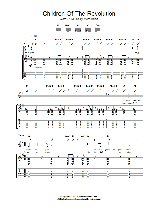 T. Rex Children Of The Revolution sheet music notes and chords arranged for Guitar Chords/Lyrics