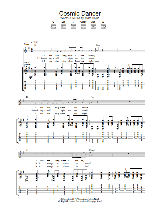 T. Rex Cosmic Dancer sheet music notes and chords arranged for Ukulele