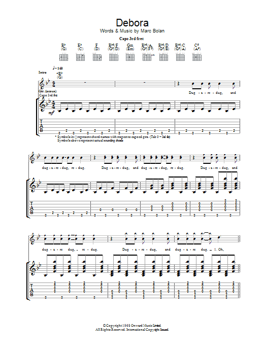 T Rex Debora sheet music notes and chords arranged for Guitar Tab