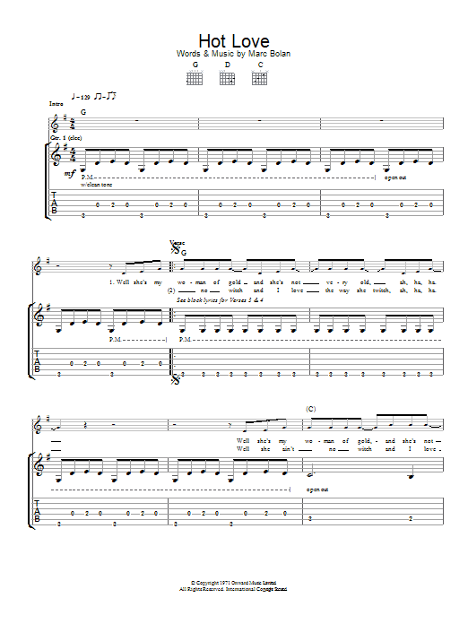 T. Rex Hot Love sheet music notes and chords arranged for Guitar Tab
