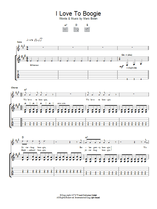 T. Rex I Love To Boogie sheet music notes and chords arranged for Piano, Vocal & Guitar Chords