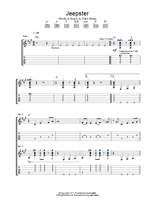 T. Rex Jeepster sheet music notes and chords arranged for Piano, Vocal & Guitar Chords (Right-Hand Melody)