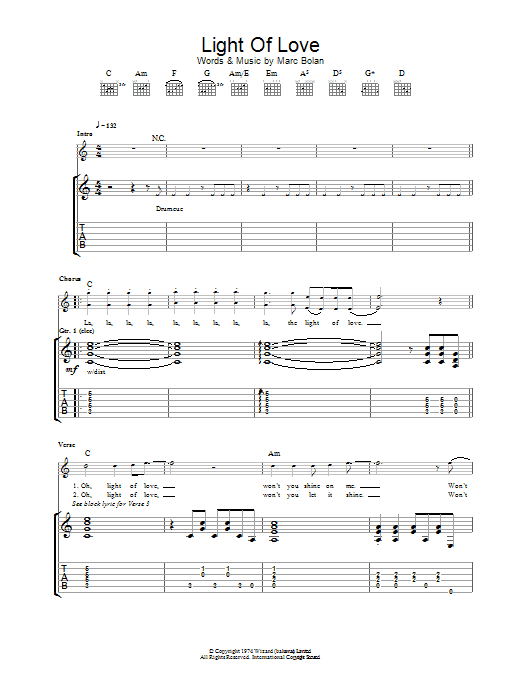 T Rex Light Of Love sheet music notes and chords arranged for Guitar Tab