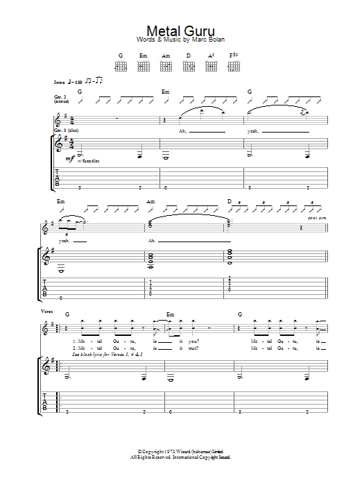 T Rex Metal Guru sheet music notes and chords arranged for Guitar Tab