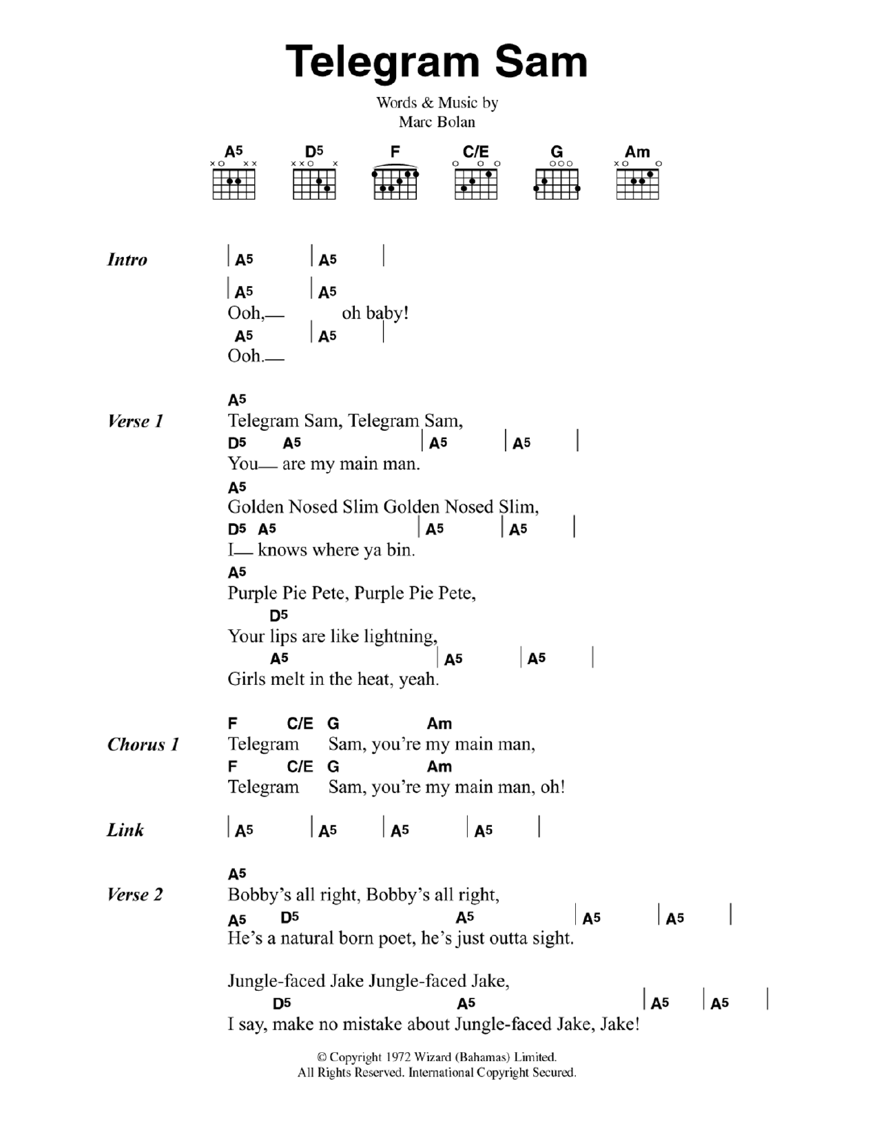 T. Rex Telegram Sam sheet music notes and chords arranged for Guitar Chords/Lyrics