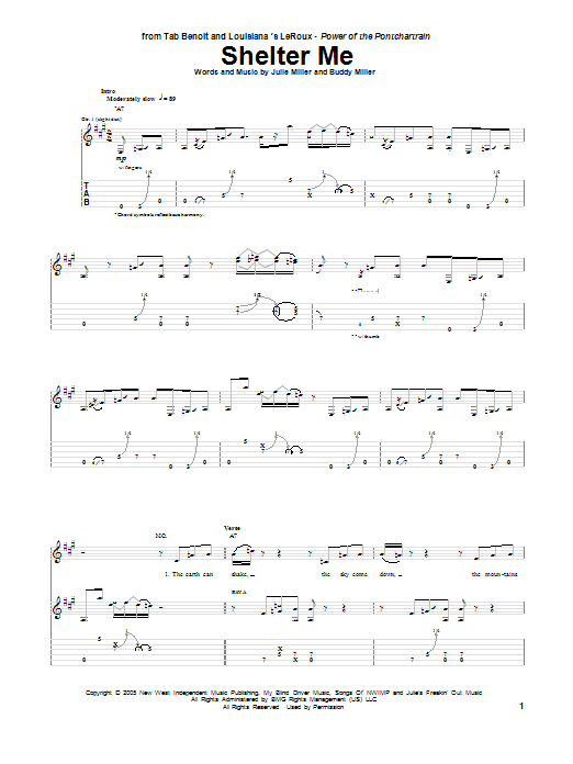 Tab Benoit Shelter Me sheet music notes and chords arranged for Guitar Tab