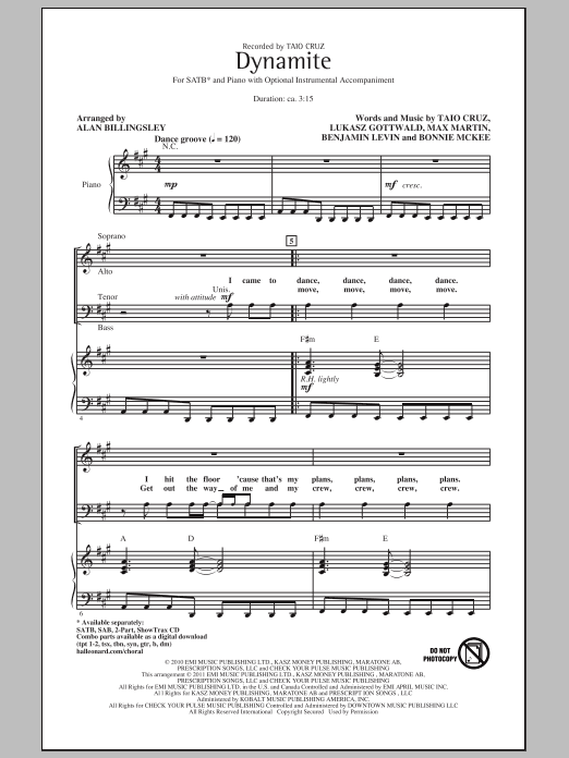 Taio Cruz Dynamite (arr. Alan Billingsley) sheet music notes and chords arranged for SAB Choir