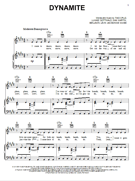Taio Cruz Dynamite sheet music notes and chords arranged for Piano, Vocal & Guitar Chords (Right-Hand Melody)