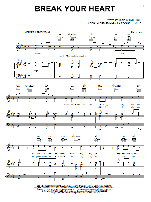 Taio Cruz featuring Ludacris Break Your Heart sheet music notes and chords arranged for Piano, Vocal & Guitar Chords (Right-Hand Melody)