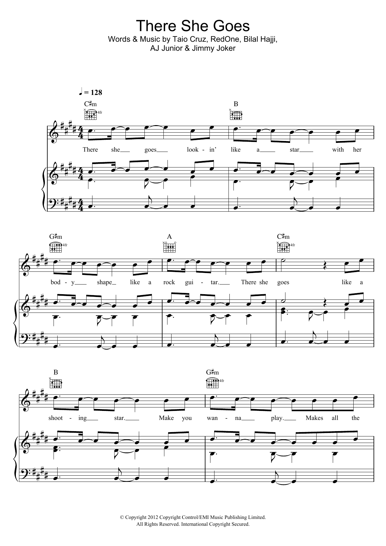 Taio Cruz There She Goes sheet music notes and chords arranged for Piano, Vocal & Guitar Chords