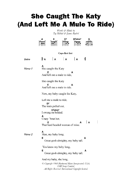 Taj Mahal She Caught The Katy (And Left Me A Mule To Ride) sheet music notes and chords arranged for Guitar Chords/Lyrics