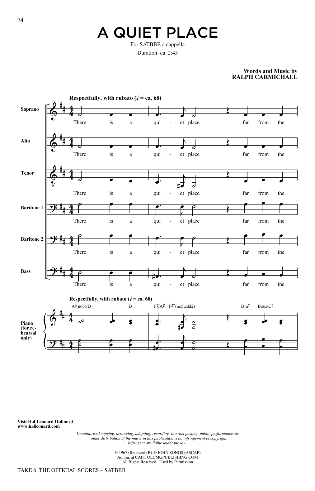 Take 6 A Quiet Place sheet music notes and chords arranged for SATB Choir