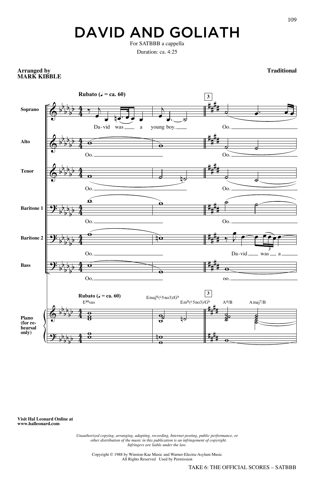 Take 6 David And Goliath sheet music notes and chords arranged for SATB Choir