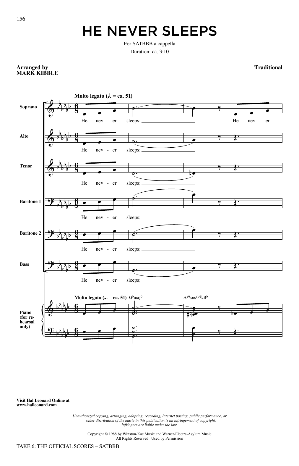 Take 6 He Never Sleeps sheet music notes and chords arranged for SATB Choir