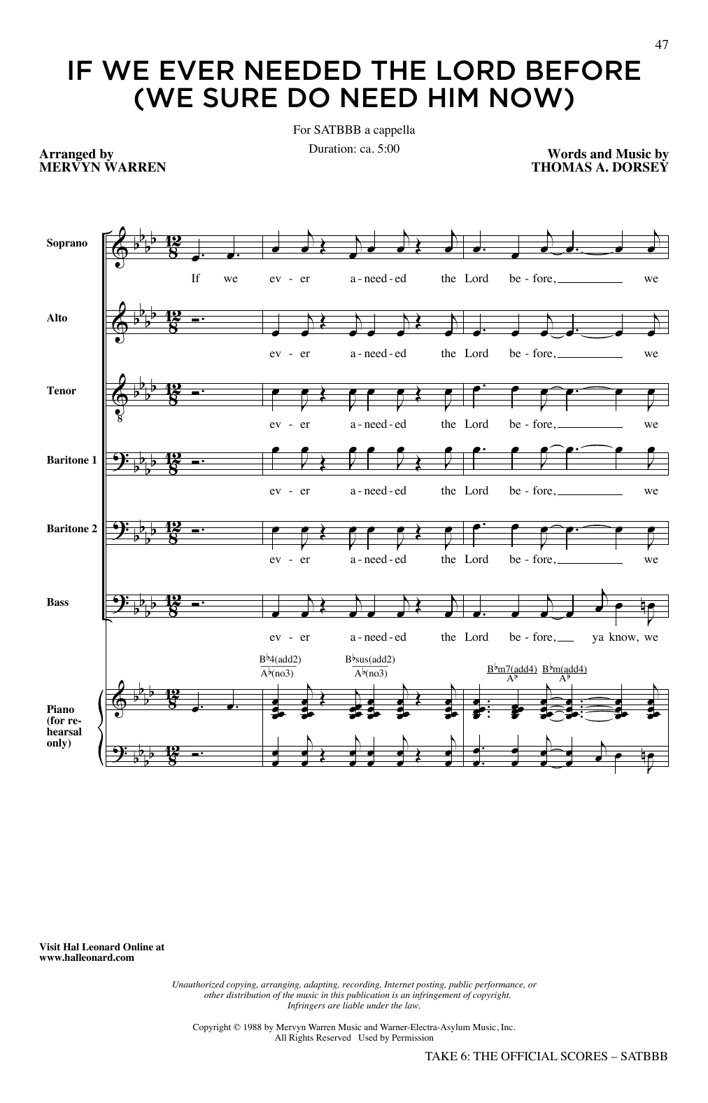 Take 6 If We Ever (Needed The Lord Before) sheet music notes and chords arranged for SATB Choir