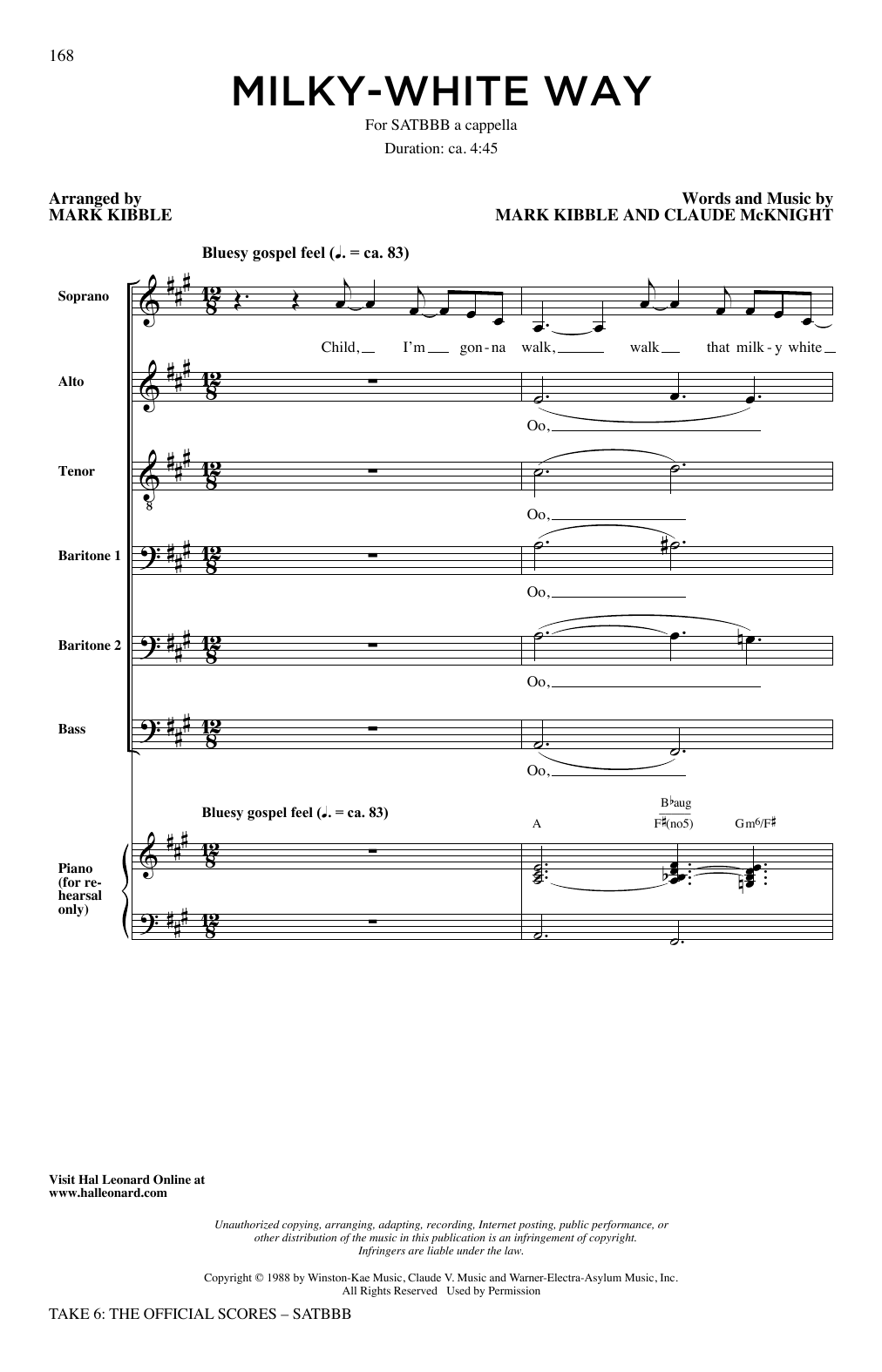 Take 6 Milky White Way sheet music notes and chords arranged for SATB Choir