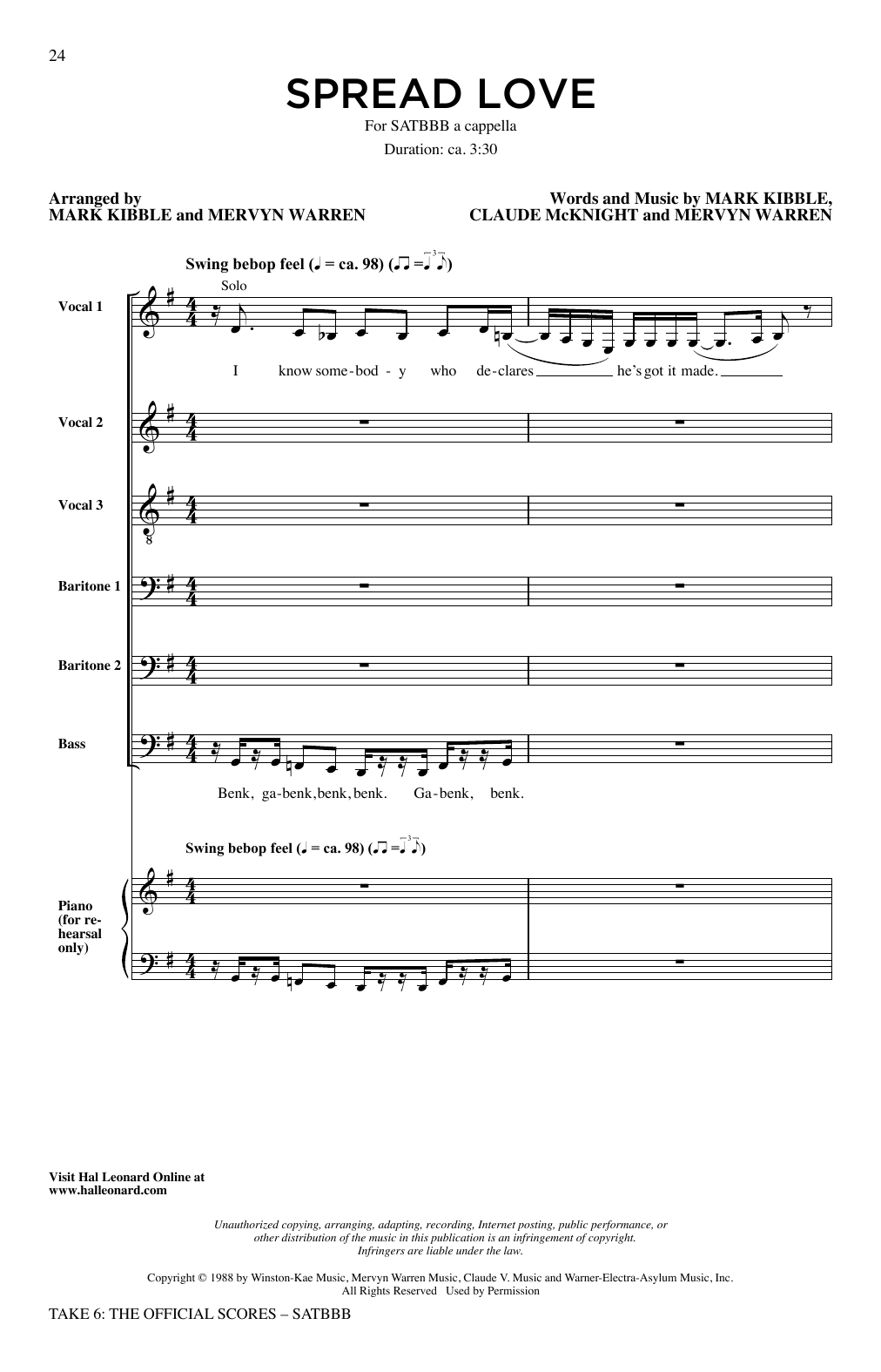 Take 6 Spread Love sheet music notes and chords arranged for SATB Choir