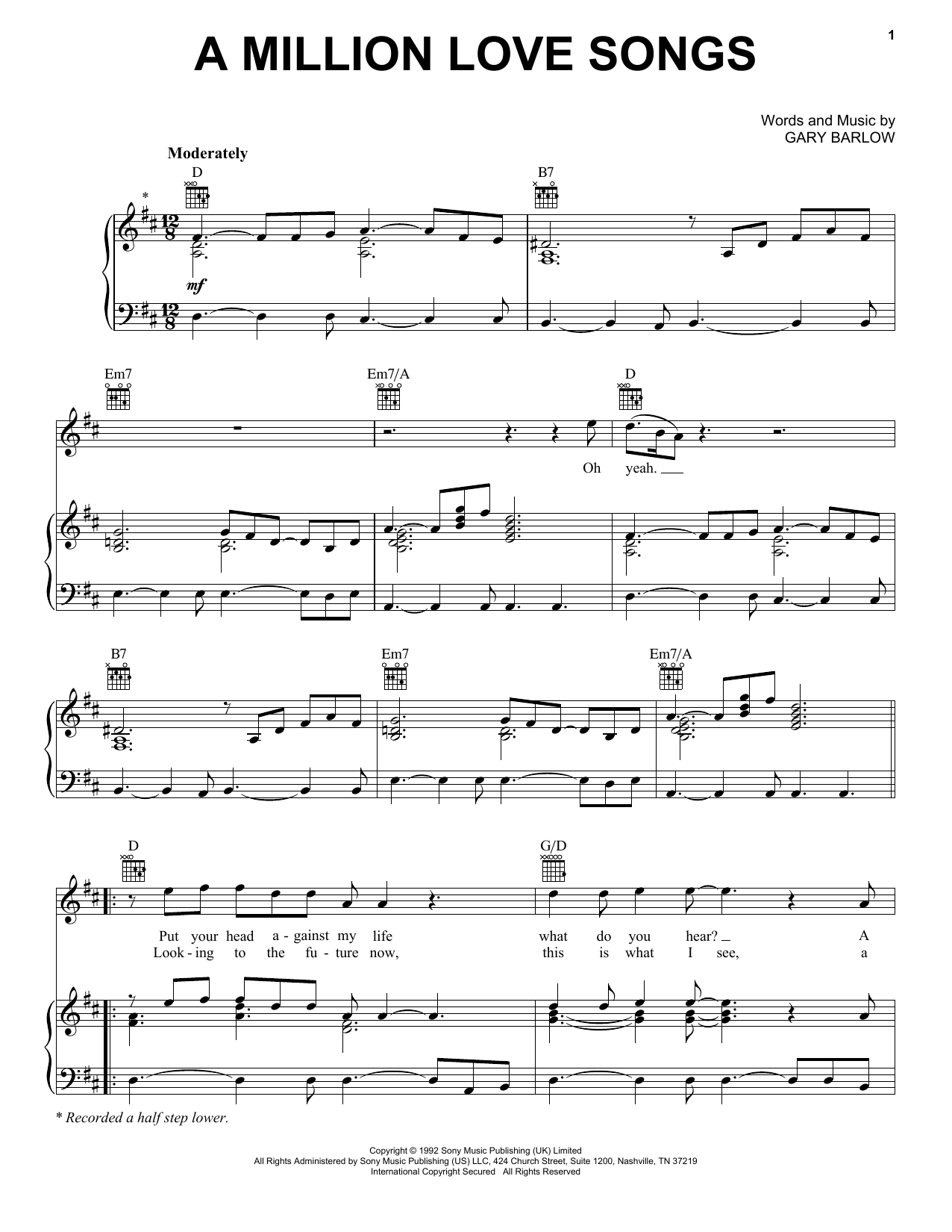 Take That A Million Love Songs sheet music notes and chords arranged for Piano, Vocal & Guitar Chords (Right-Hand Melody)