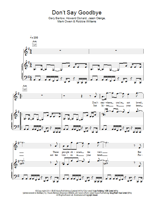 Take That Don't Say Goodbye sheet music notes and chords arranged for Piano, Vocal & Guitar Chords